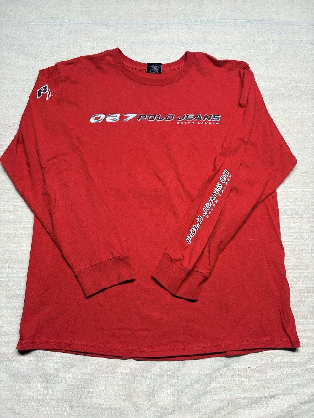 Vintage Ralph Lauren Polo Jeans Shirt Men XL Spellout 067 Red Long Sleeve